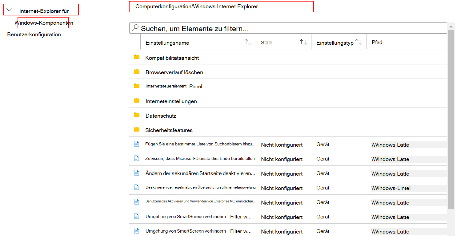 Alle Geräteeinstellungen anzeigen, die für Internet Explorer in Microsoft Intune und Intune Admin Center gelten