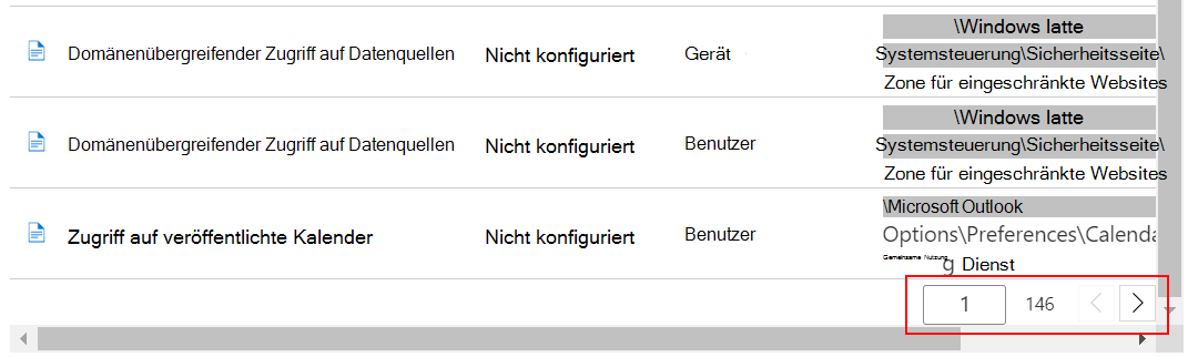 Sehen Sie sich eine Beispielliste der Einstellungen an, und verwenden Sie die Schaltflächen vor und weiter in Intune Admin Center und Microsoft Intune.