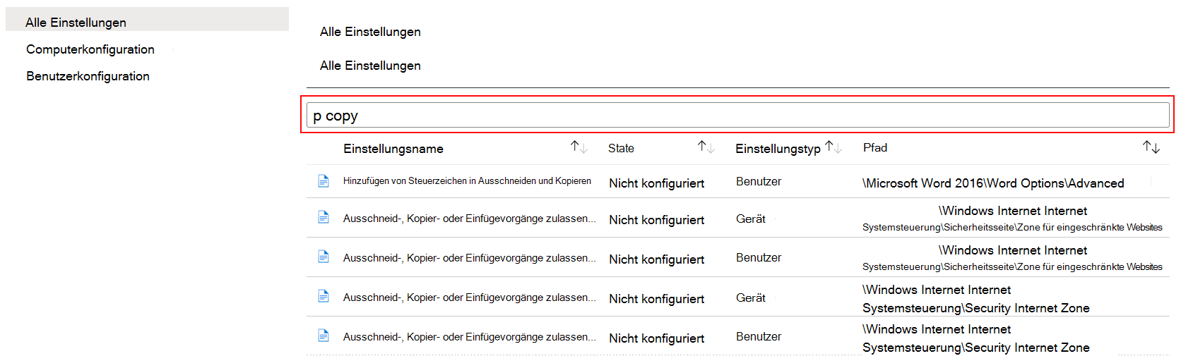 Nach Kopie suchen, um alle Geräteeinstellungen in administrativen Vorlagen in Microsoft Intune und Intune Admin Center anzuzeigen.