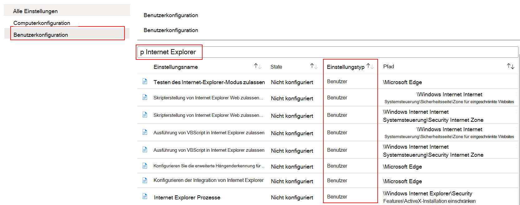 Wählen Sie in der ADMX-Vorlage Die Benutzerkonfiguration aus, und suchen oder filtern Sie in Microsoft Intune nach Internet-Explorer.