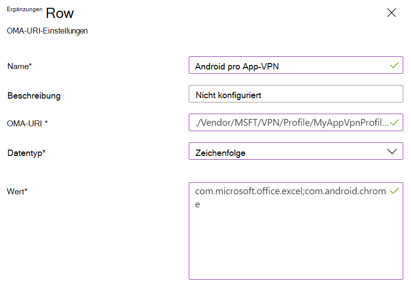 Screenshot: Benutzerdefinierte Vpn-Richtlinie des Android-Geräteadministrators pro App in Microsoft Intune