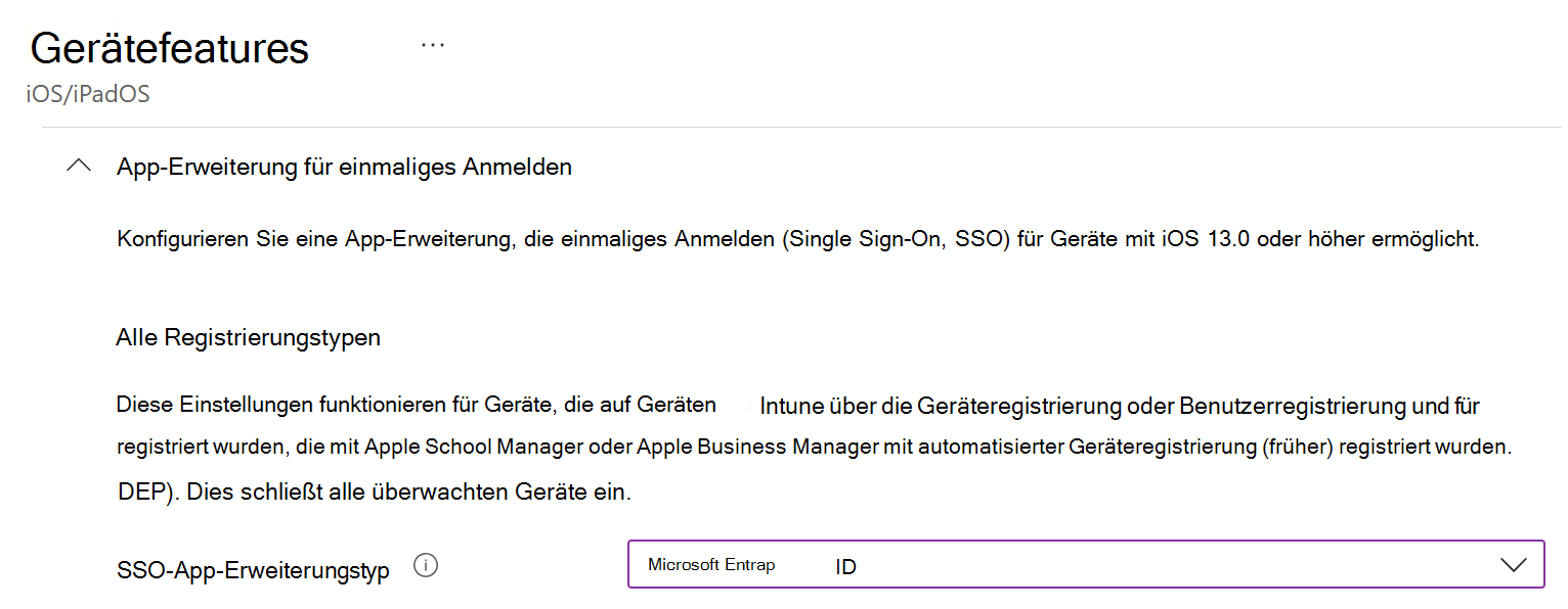 Screenshot: SSO-App-Erweiterungstyp und Microsoft Entra ID für iOS/iPadOS in Intune