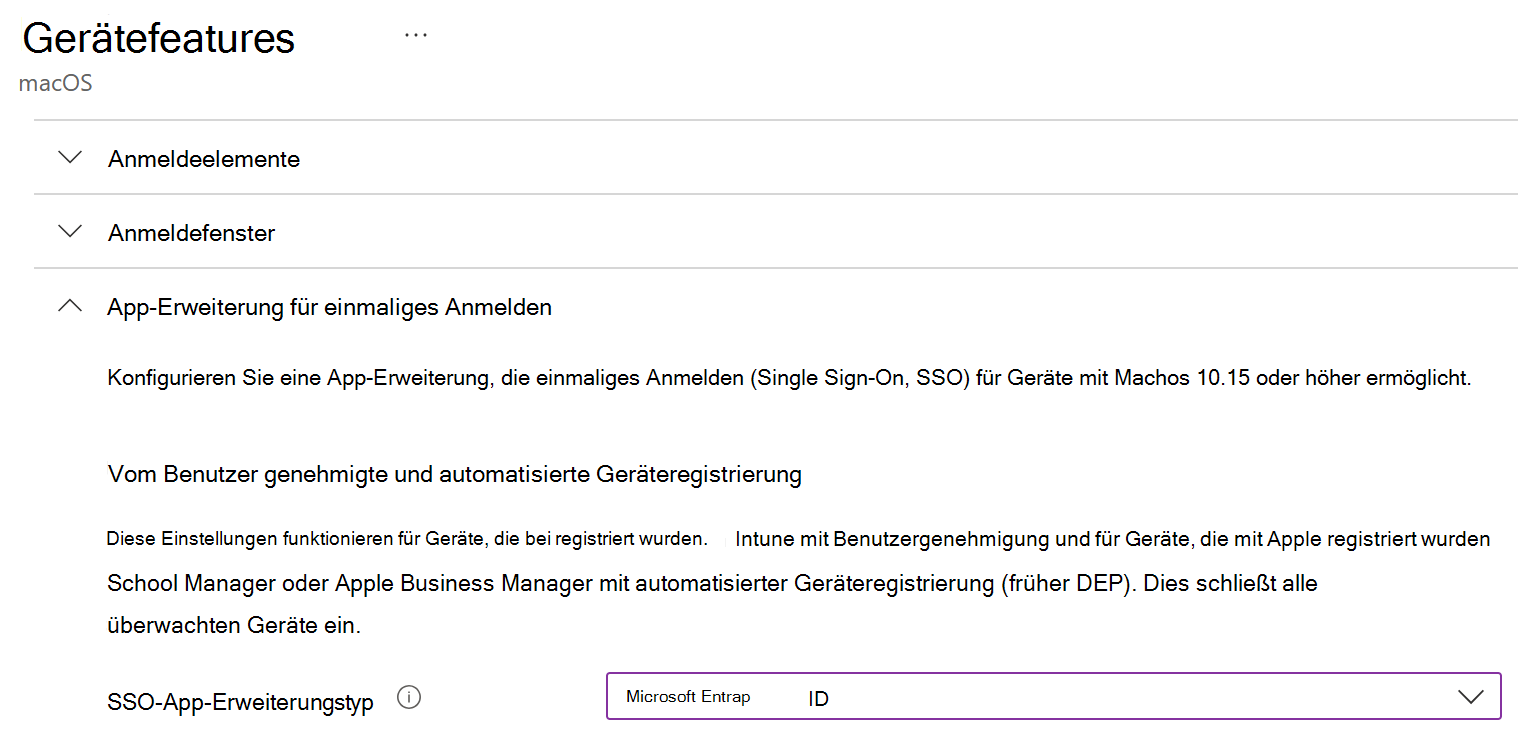 Screenshot: SSO-App-Erweiterungstyp und Microsoft Entra ID für macOS in Intune