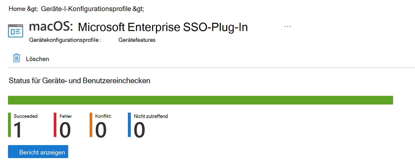 Screenshot: Bericht zur Bereitstellung des macOS-Gerätekonfigurationsprofils in Microsoft Intune