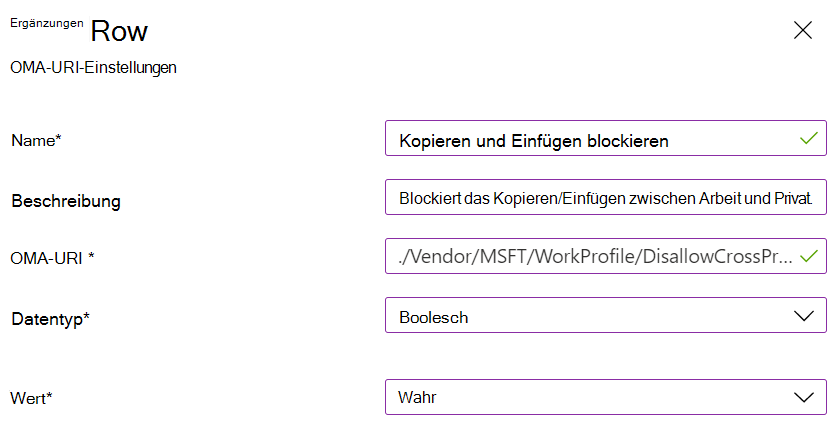 Screenshot einer Einstellung in einem Microsoft Intune benutzerdefinierten Arbeitsprofil, das das Kopieren und Einfügen für persönliche Android Enterprise-Geräte blockiert.