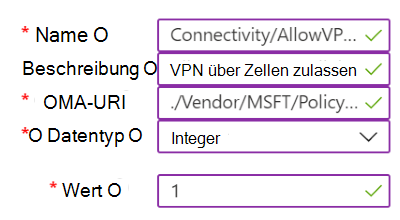 Screenshot: Beispiel für eine benutzerdefinierte Richtlinie mit VPN-Einstellungen in Microsoft Intune