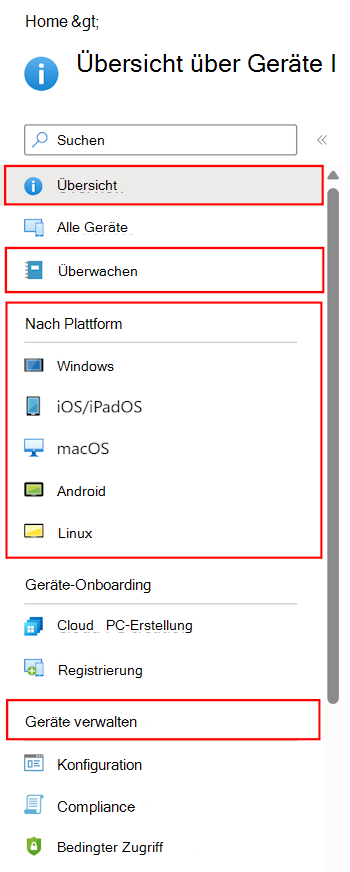 Screenshot, der zeigt, wie Sie Geräte auswählen, um zu sehen, was Sie in Microsoft Intune konfigurieren und verwalten können.