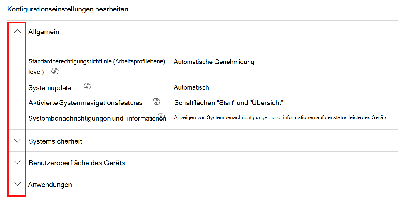 Screenshot, der zeigt, wie Sie eine Kategorie erweitern, um die Copilot-QuickInfo in Microsoft Intune und Intune Admin Center anzuzeigen.