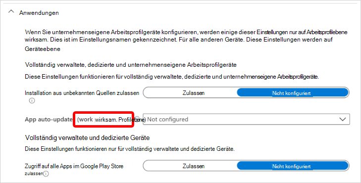 Screenshot: Android Enterprise-Anwendungseinstellungen, die auf unternehmenseigener Arbeitsprofilebene in Microsoft Intune angewendet werden