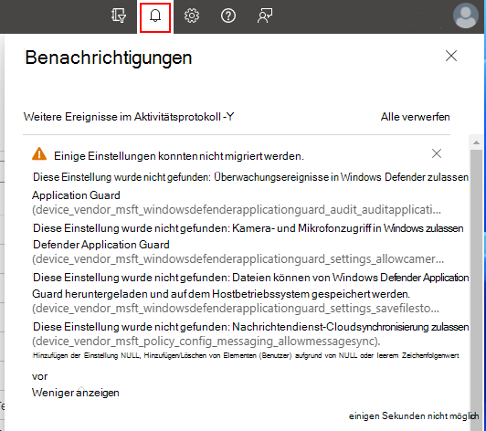 Screenshot: Benachrichtigungen mit zusätzlichen Informationen, wenn die Richtlinie in Microsoft Intune erstellt wird.