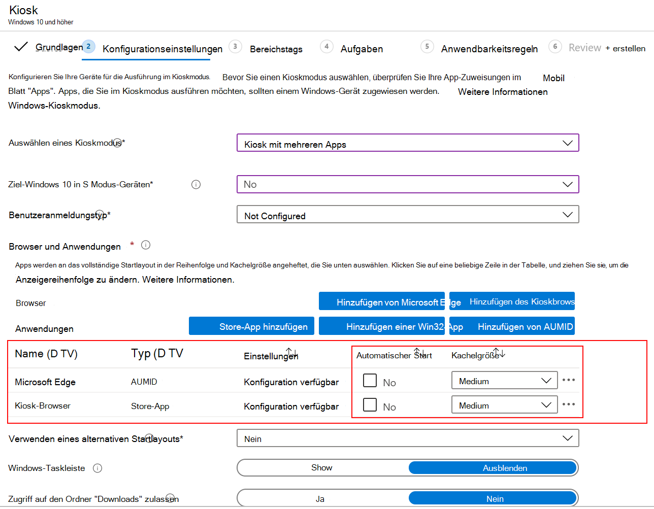 Starten Sie die App oder den Browser automatisch, und wählen Sie die Kachelgröße in einem Kioskprofil mit mehreren Apps in Microsoft Intune aus.