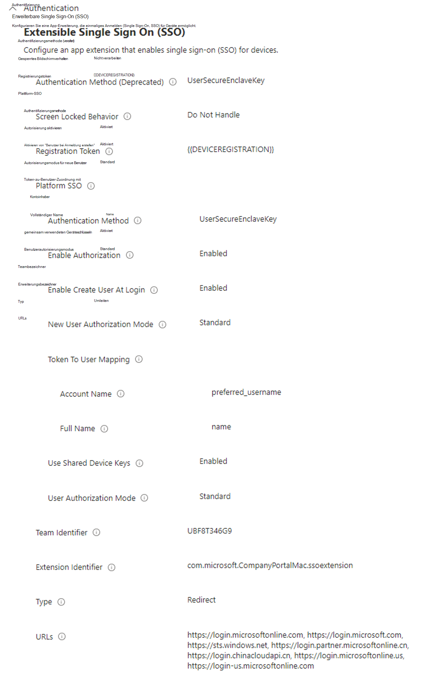 Screenshot: Empfohlene Plattform-SSO-Einstellungen in einem Intune MDM-Profil