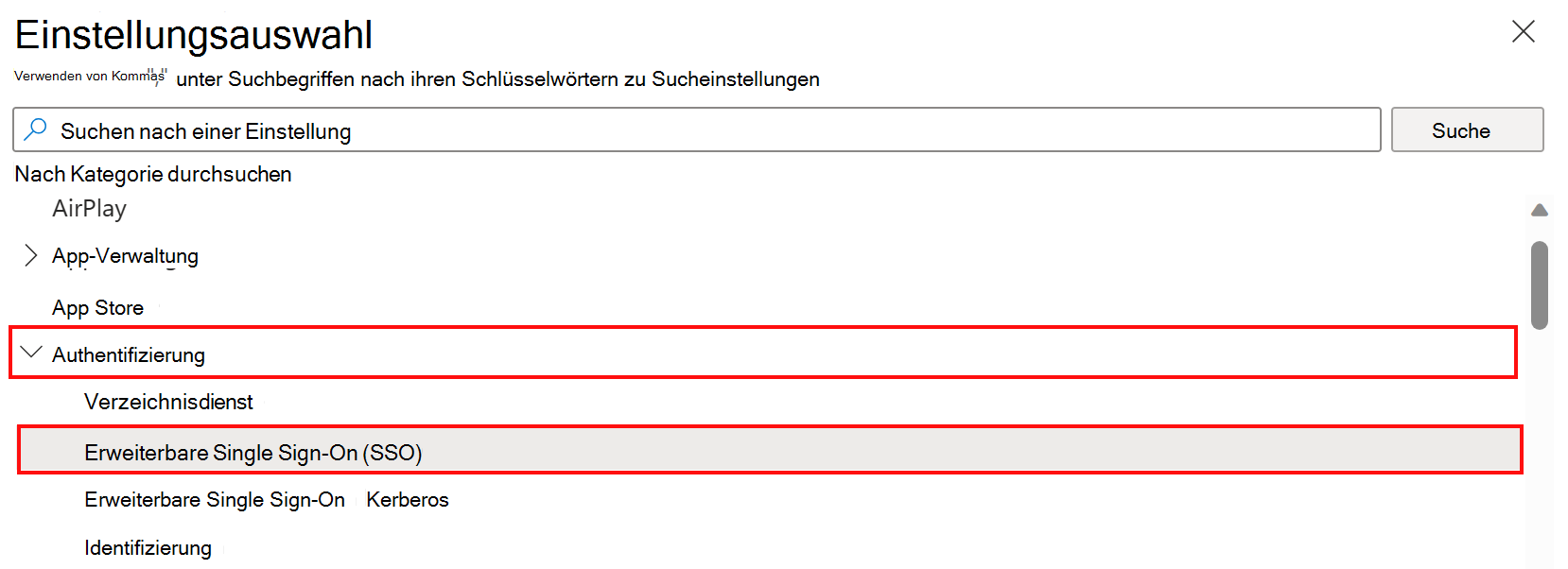 Screenshot: Einstellungskatalog-Einstellungsauswahl und Auswahl der Authentifizierungs- und erweiterbaren SSO-Kategorie in Microsoft Intune