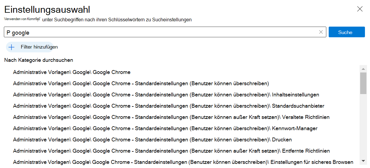 Screenshot: Google Chrome-Einstellungen im Einstellungskatalog, die in Microsoft Intune und Intune Admin Center integriert sind Verwenden Sie diese Einstellungen, um eine Google Chrome-Richtlinie auf Windows-Geräten zu erstellen und zu konfigurieren.