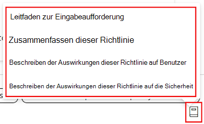 Screenshot: Leitfaden zur Copilot-Richtlinieneingabeaufforderung und eine Liste der verfügbaren Eingabeaufforderungen im Einstellungskatalog in Microsoft Intune und Intune Admin Center