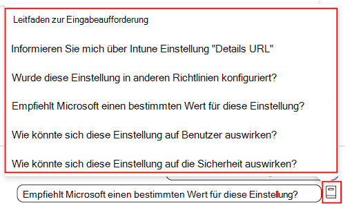 Screenshot: Leitfaden zur Eingabeaufforderung für Copilot-Einstellungen und eine Liste der verfügbaren Eingabeaufforderungen im Einstellungskatalog in Microsoft Intune und Intune Admin Center