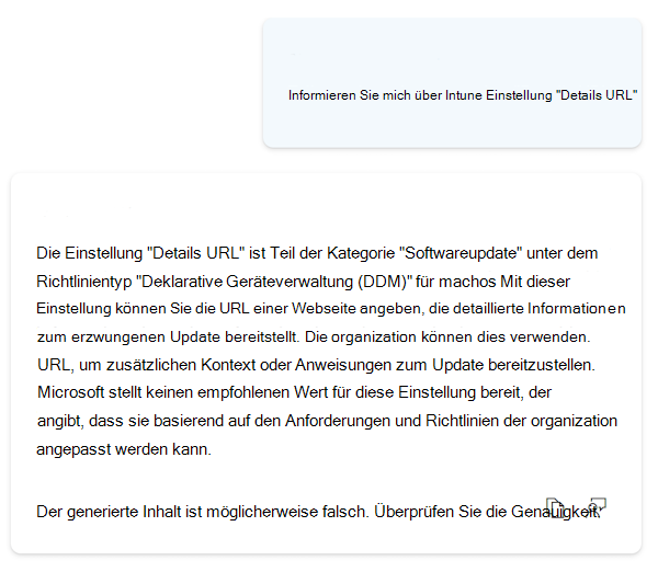 Screenshot: Copilot mit detaillierteren Informationen zu einstellungen im Einstellungskatalog in Microsoft Intune und Intune Admin Center