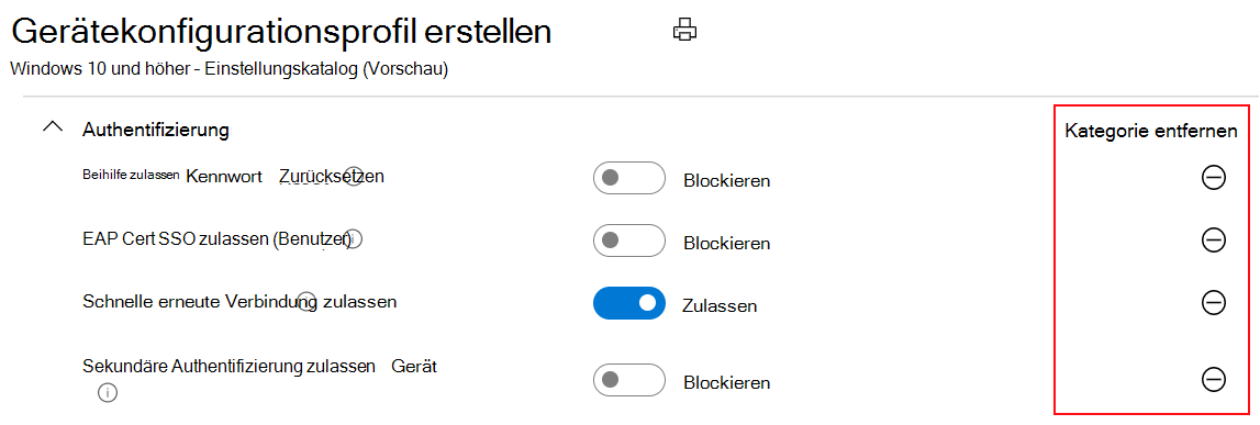 Screenshot, der den Einstellungskatalog zeigt und dass die Standardwerte in Microsoft Intune und Intune Admin Center mit den Standardwerten des Betriebssystems identisch sind.