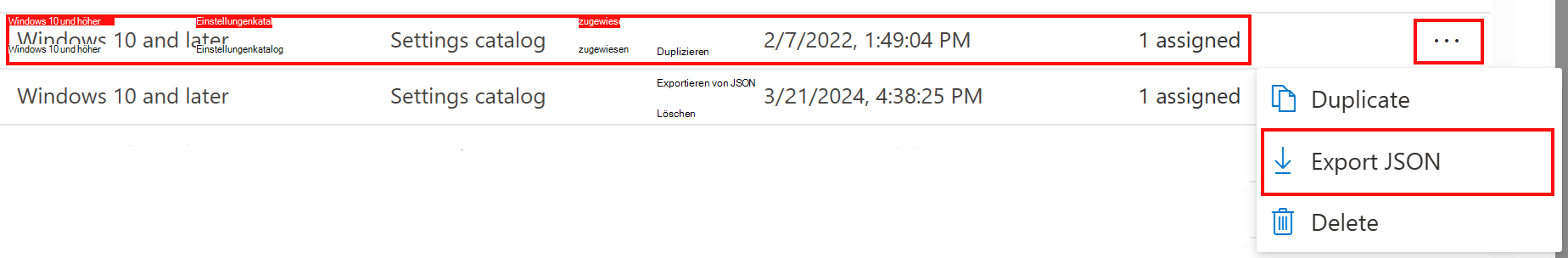 Screenshot: Exportieren einer Einstellungskatalogrichtlinie als JSON in Microsoft Intune und Intune Admin Center