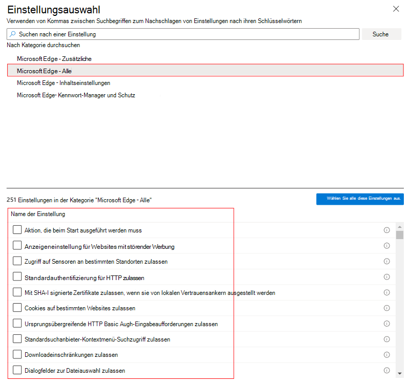 Screenshot, der den Einstellungskatalog zeigt, wenn Sie macOS auswählen und ein Feature oder eine Kategorie in Microsoft Intune und Intune Admin Center auswählen.