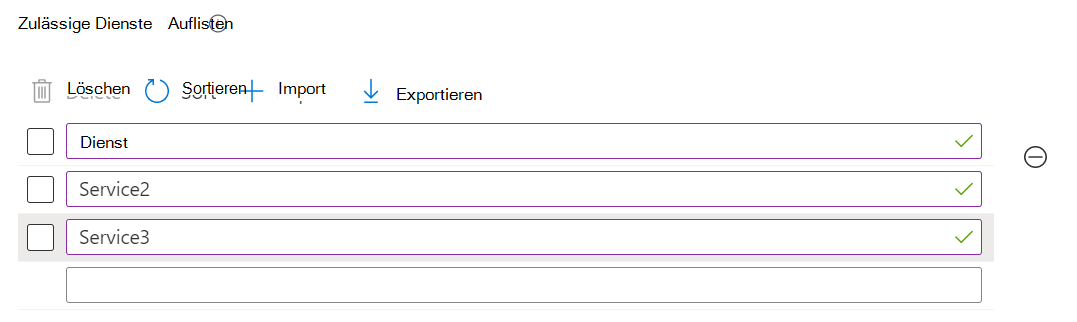 Screenshot, der eine Einstellung mit mehreren Werten in einer separaten Zeile im Einstellungskatalog in Microsoft Intune und im Intune Admin Center zeigt.