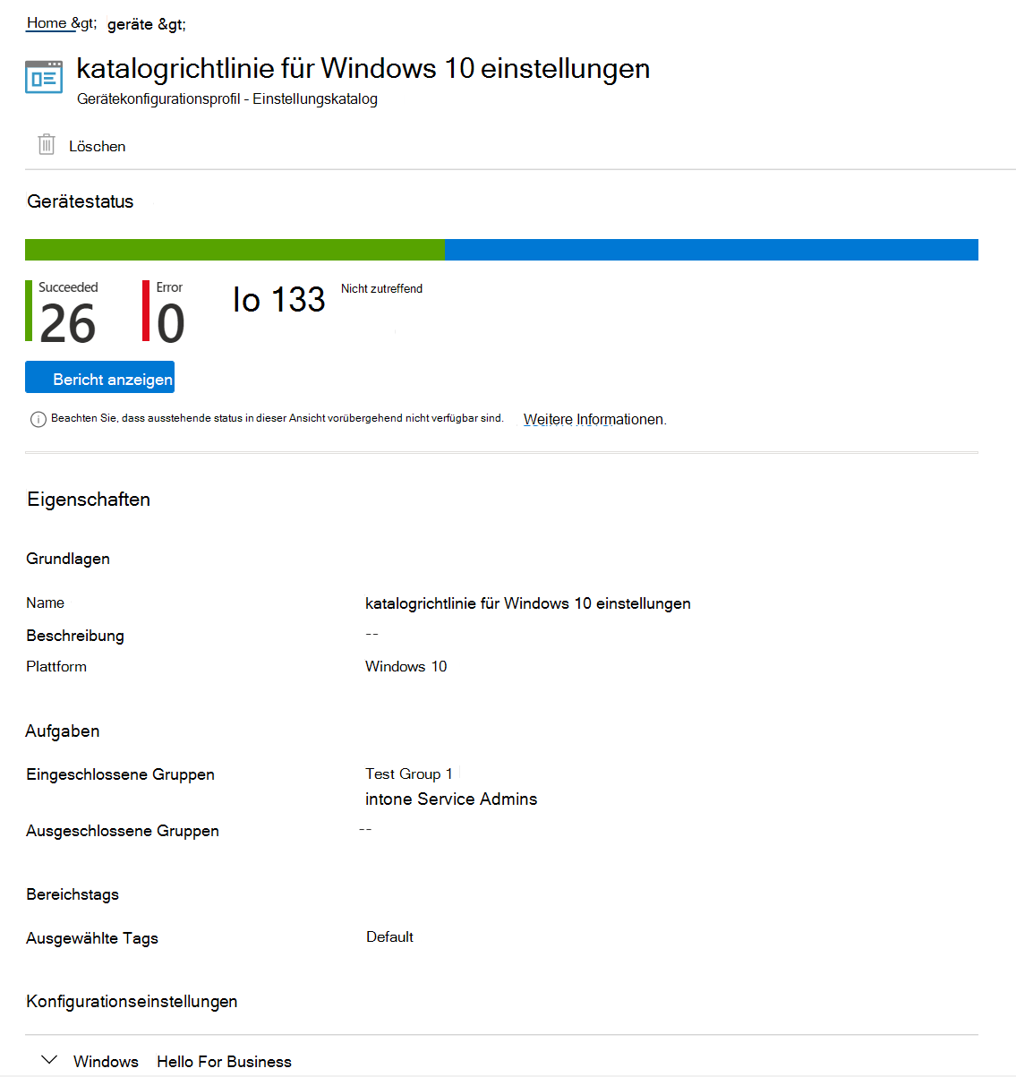 Screenshot, der zeigt, wie Sie die Einstellungskatalogrichtlinie auswählen, um die status, den Richtlinienstatus und die Eigenschaften des Geräts in Microsoft Intune und Intune Admin Center anzuzeigen.