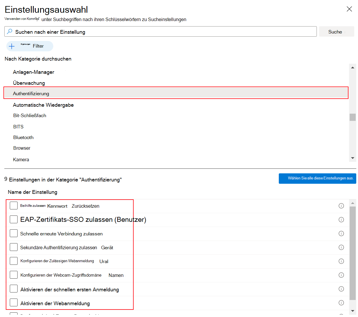 Screenshot: Einstellungskatalog bei Auswahl von Windows und Authentifizierung in Microsoft Intune und Intune Admin Center