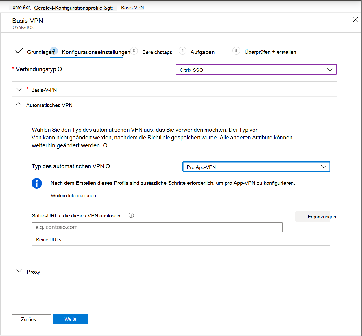 Screenshot: Automatische VPN-Einstellung auf Pro-App-VPN auf iOS-/iPadOS-Geräten in Microsoft Intune