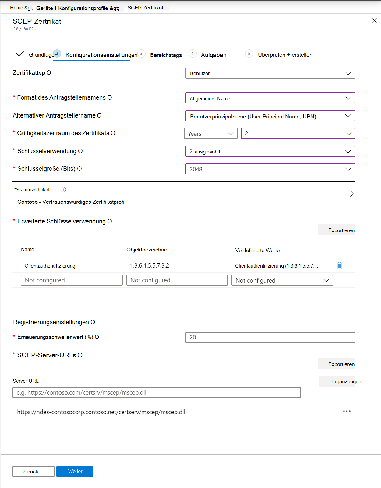 Erstellen Sie ein SCEP-Zertifikatprofil in Microsoft Intune und Intune Admin Center. Schließen Sie das Format des Antragstellernamens, die Schlüsselverwendung, die erweiterte Schlüsselverwendung und vieles mehr ein.