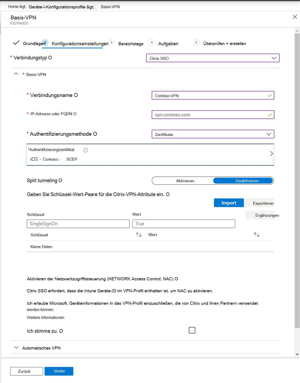 Screenshot: Pro-App-VPN-Profil, IP-Adresse oder FQDN, Authentifizierungsmethode und geteiltes Tunneln in Microsoft Intune und Intune Admin Center