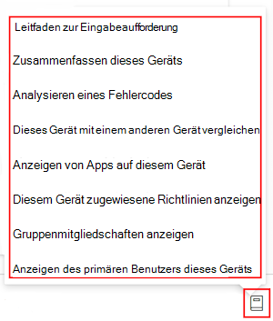 Screenshot: Leitfaden zur Copilot-Eingabeaufforderung, nachdem Sie ein Gerät in Microsoft Intune oder Intune Admin Center ausgewählt haben