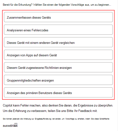 Screenshot, der das Copilot-Beispiel nach der Auswahl eines Geräts in Microsoft Intune oder Intune Admin Center einfordert.