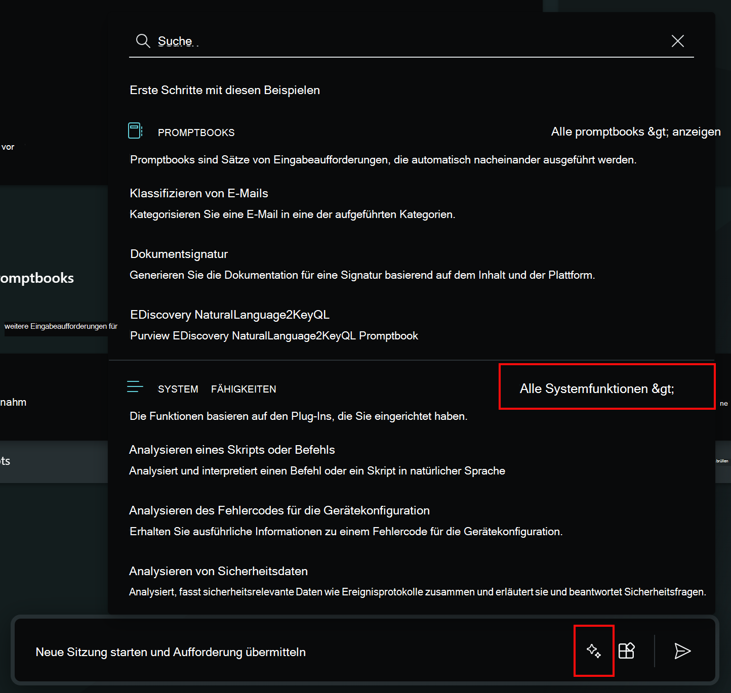 Screenshot: Auswählen des Eingabeaufforderungssymbols und der Systemfunktionen in Security Copilot