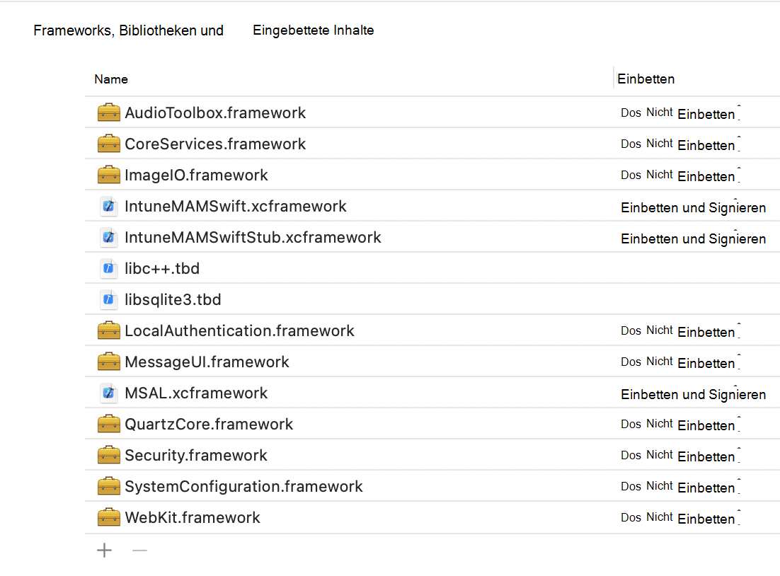 Intune App SDK iOS Framework: Beispiel für Xcode-Frameworks, Bibliotheken und eingebettete Inhalte