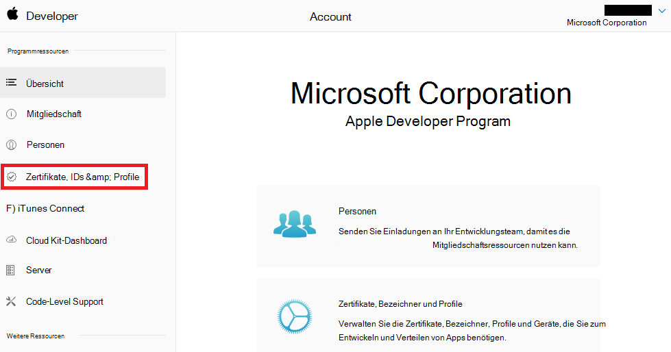 Apple-Entwicklerportal: Zertifikate, IDs & Profile
