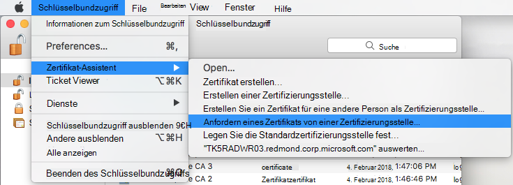 Anfordern eines Zertifikats von einer Zertifizierungsstelle in Keychain Access