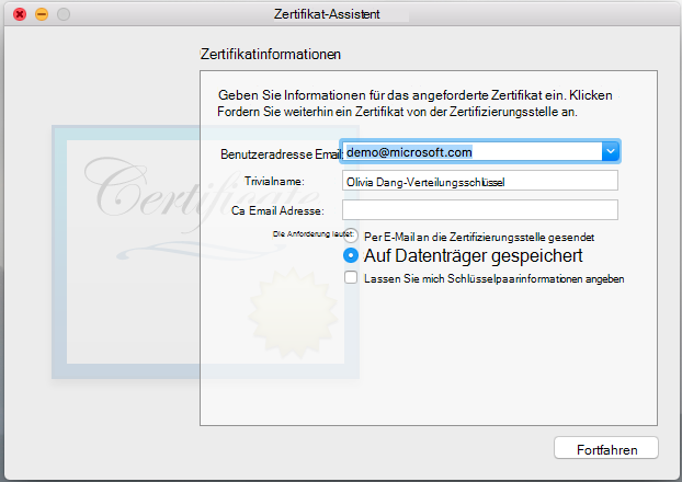 Geben Sie Informationen für das angeforderte Zertifikat ein.