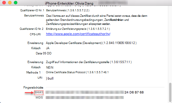 iPhone-Informationen – Sha1-Zeichenfolge für Fingerabdrücke
