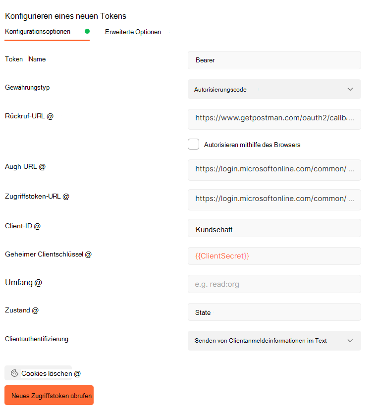 Informationen für das Zugriffstoken.