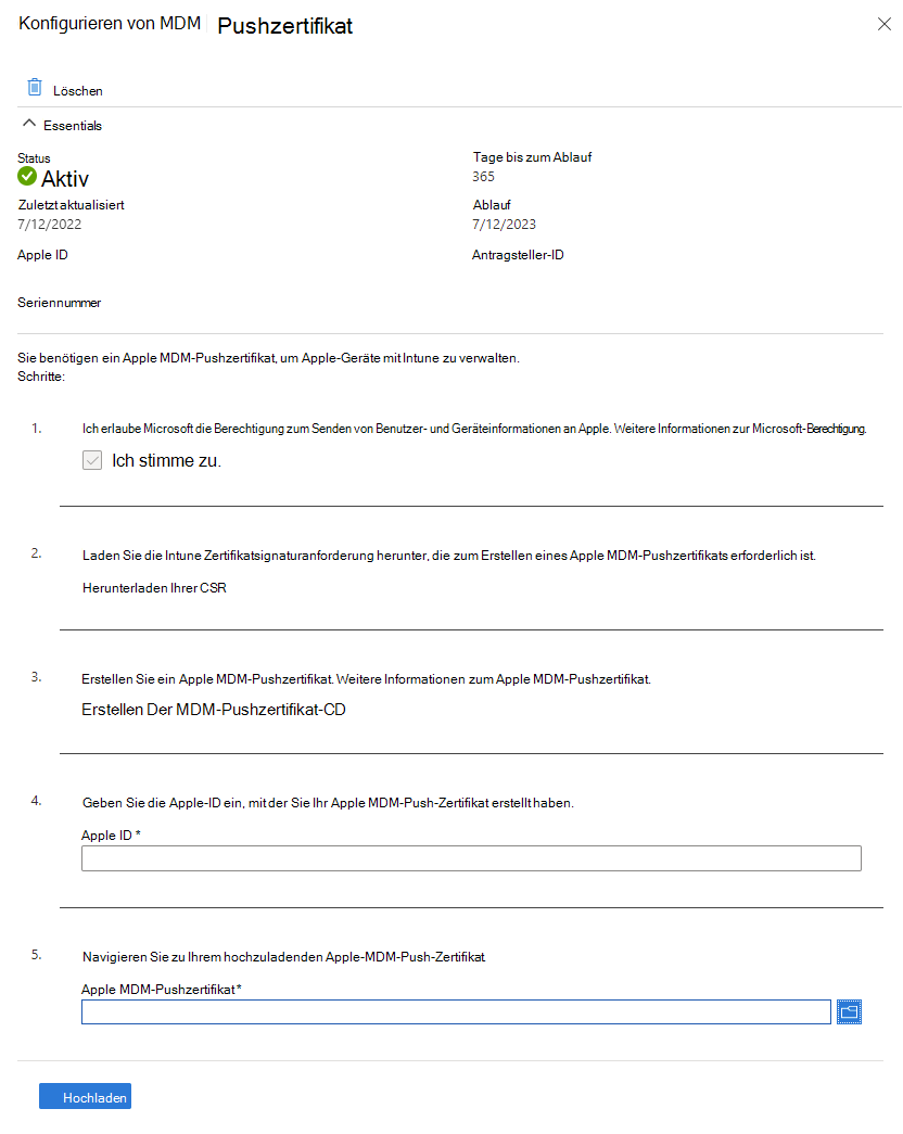 Screenshot des Bildschirms „MDM-Push-Zertifikat konfigurieren“, auf dem MDM Push nicht eingerichtet ist.