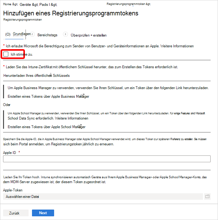 Screenshot, der den Bildschirm „Token für Registrierungsprogramm hinzufügen“ anzeigt