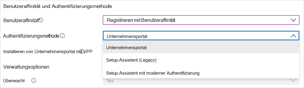 Screenshot: Optionen der Authentifizierungsmethode