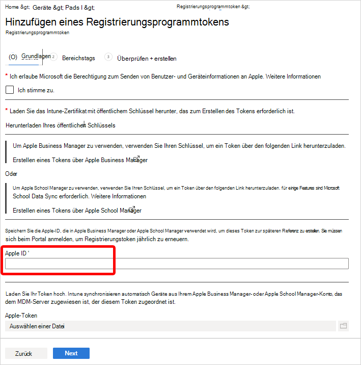 Screenshot mit dem App-ID-Feld auf der Registerkarte Basics (Grundlagen)