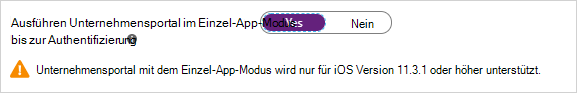 Screenshot mit der Option „Run Company Portal in Single App Mode“ (Unternehmensportal im Einzelanwendungsmodus ausführen)