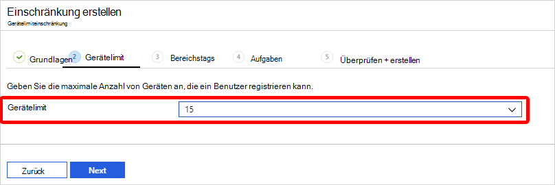 Screenshot: Auswählen eines Gerätelimits