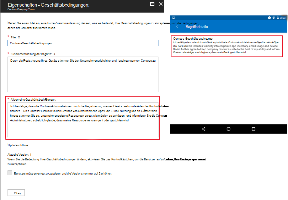 Beispielbild der Nachricht zu den entworfenen Geschäftsbedingungen in Intune und wie sie dann in Unternehmensportal aussieht.