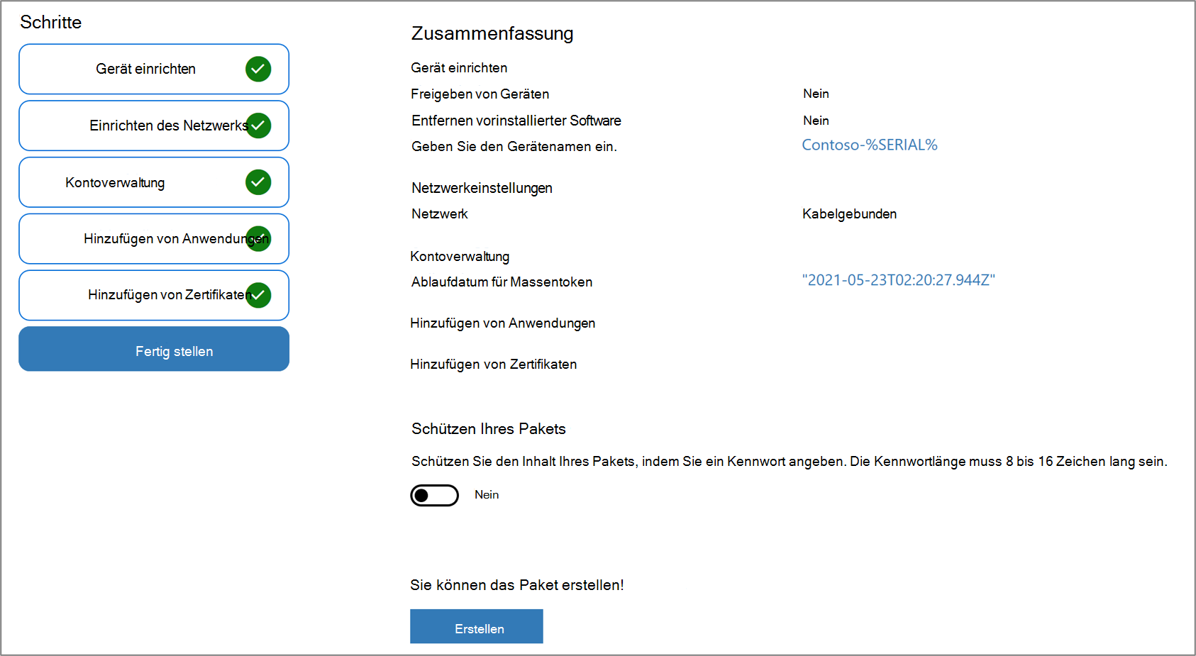 Screenshot des Paketschutzes in der Windows Configuration Designer-App