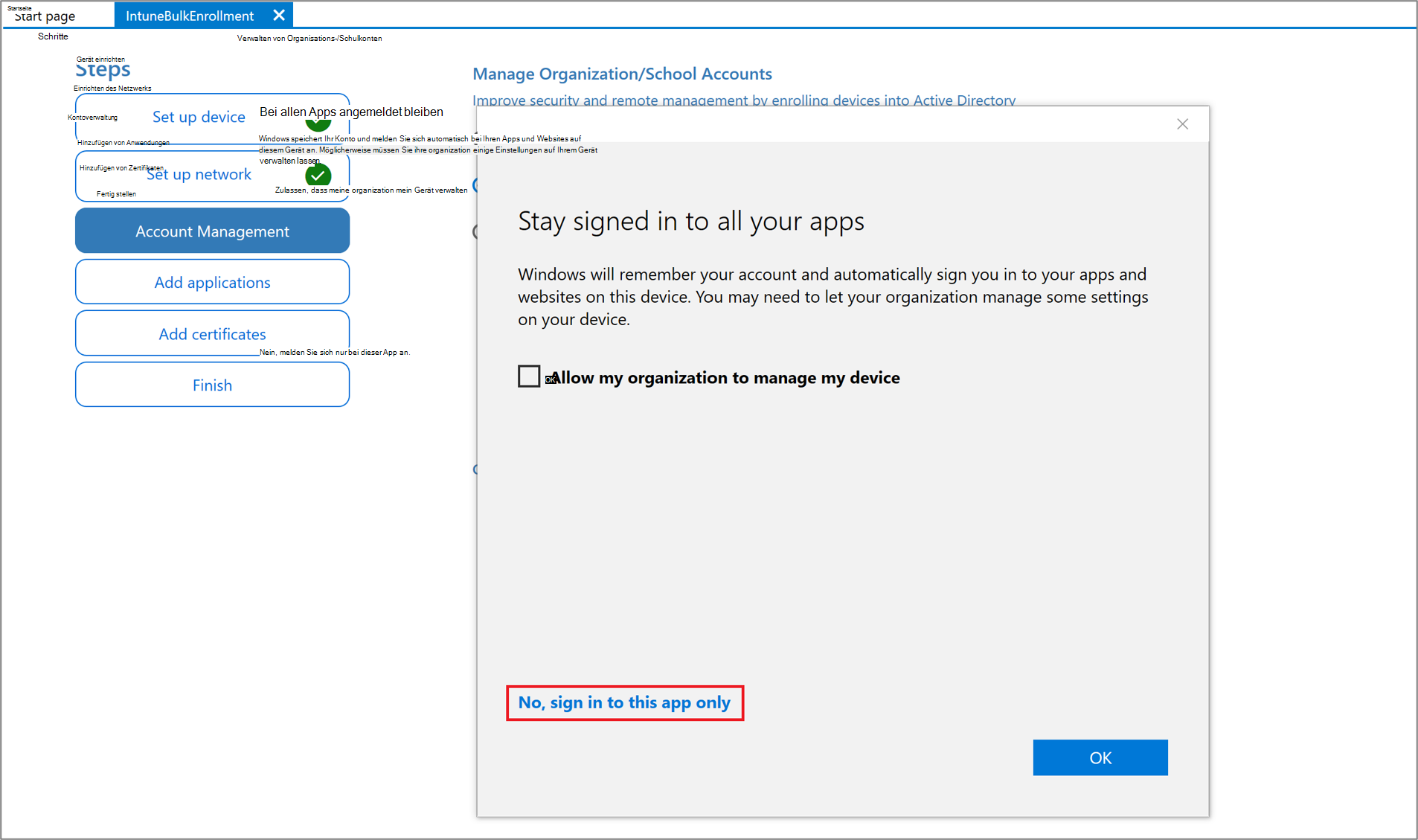 Screenshot der Anmeldung bei der Windows Configuration Designer-App