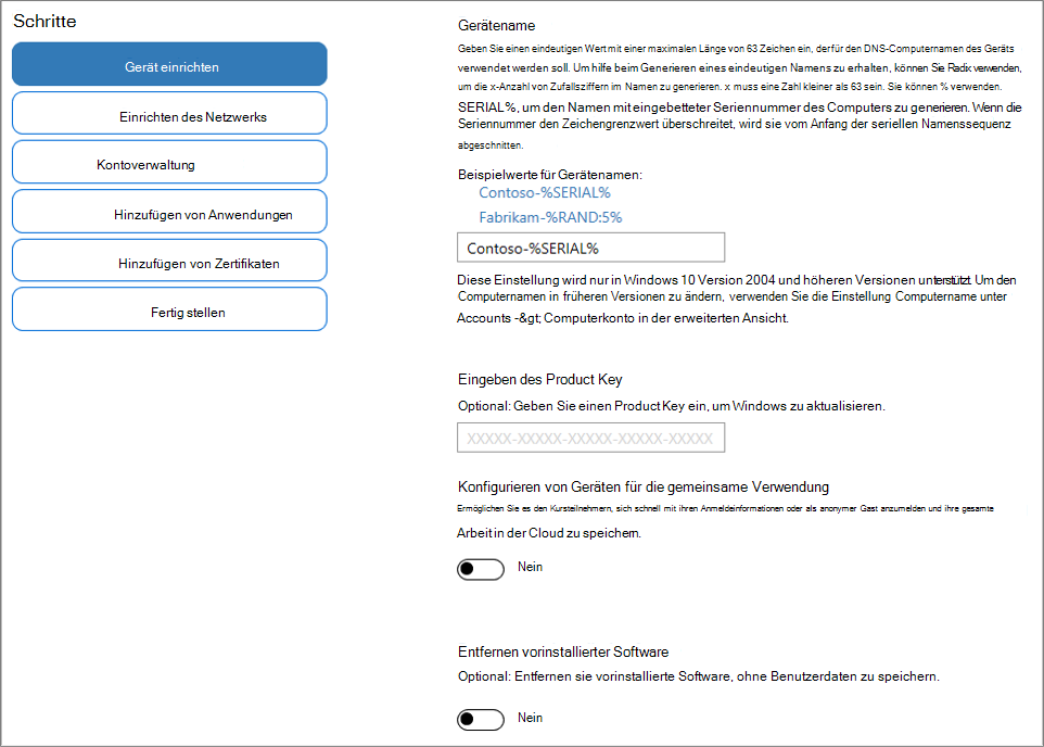 Abbildung vom Angeben des Namens und Produktschlüssels in der Windows Configuration Designer-App