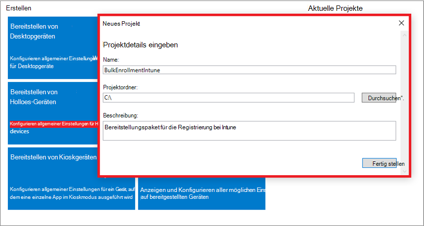 Screenshot der Angabe von Name, Projektordner und Beschreibung in der Windows Configuration Designer App